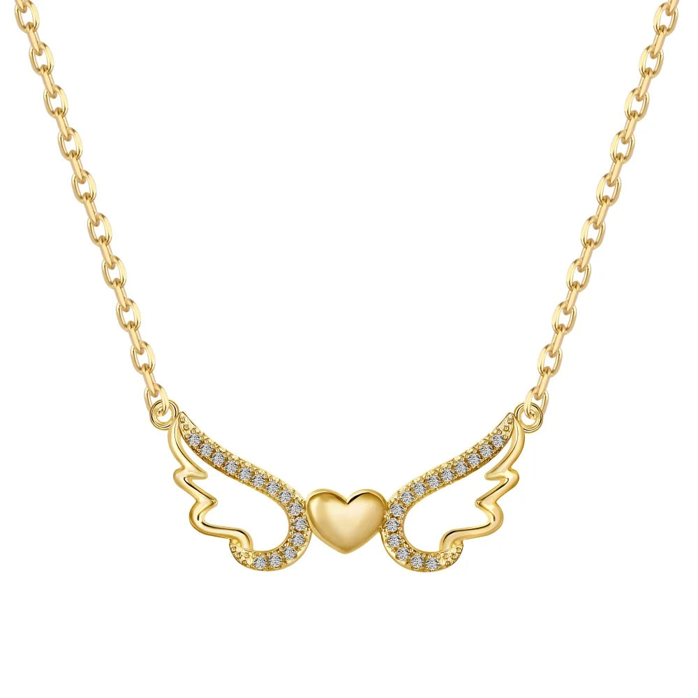 Silver Zircon Round Cut Inlaid Heart Wings Bar Necklace