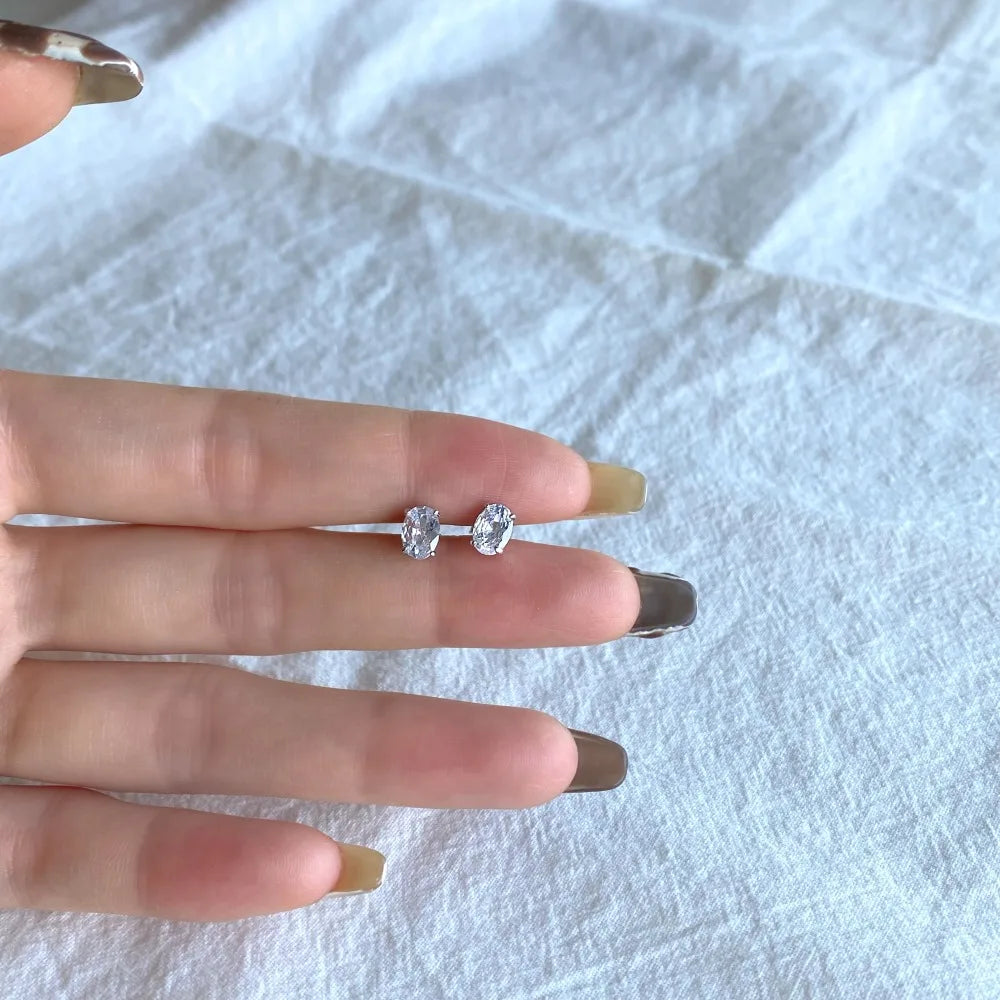 Silver Zircon Oval Cut Simple Ear Studs