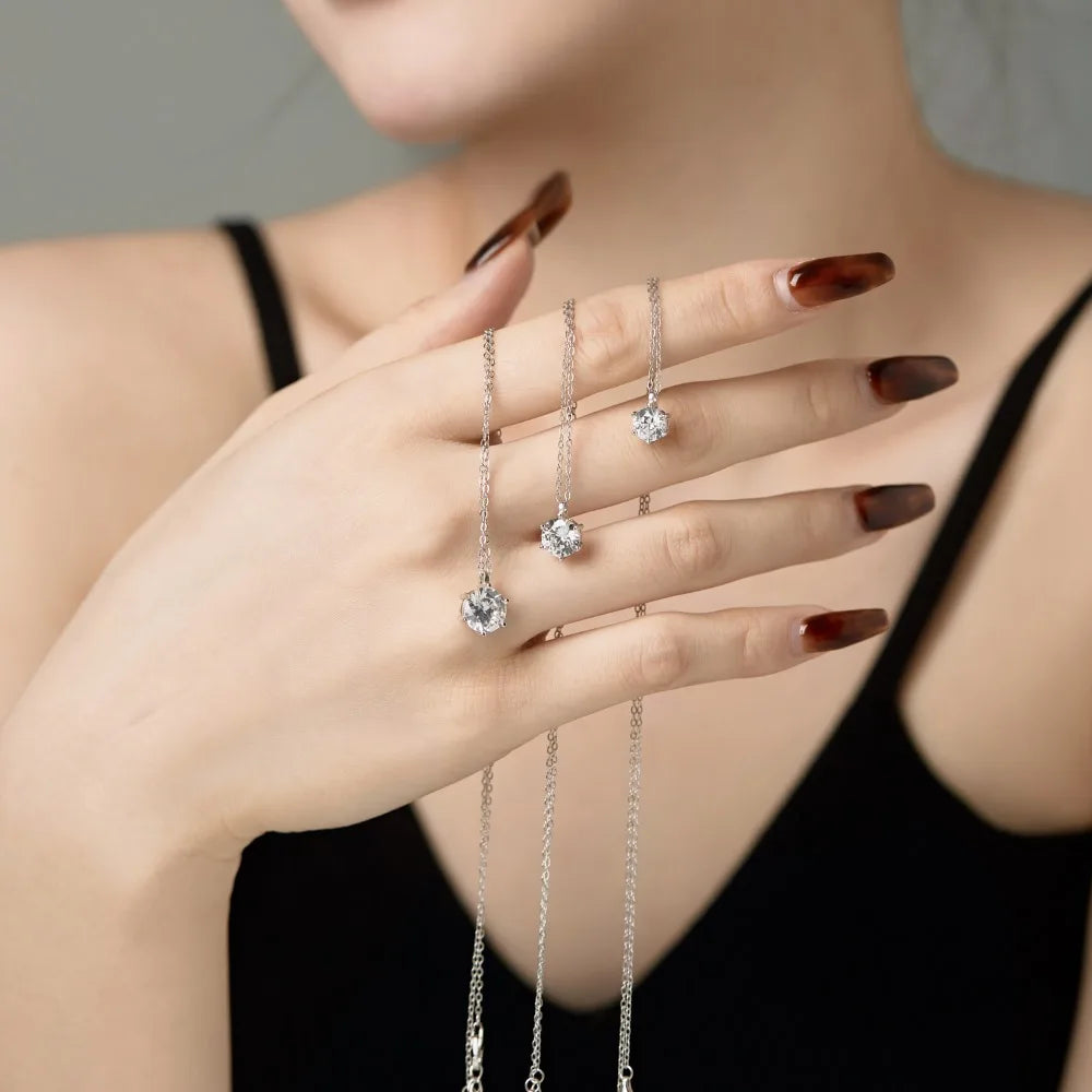 Silver Zircon Round Cut Solitaire Pendant Necklace