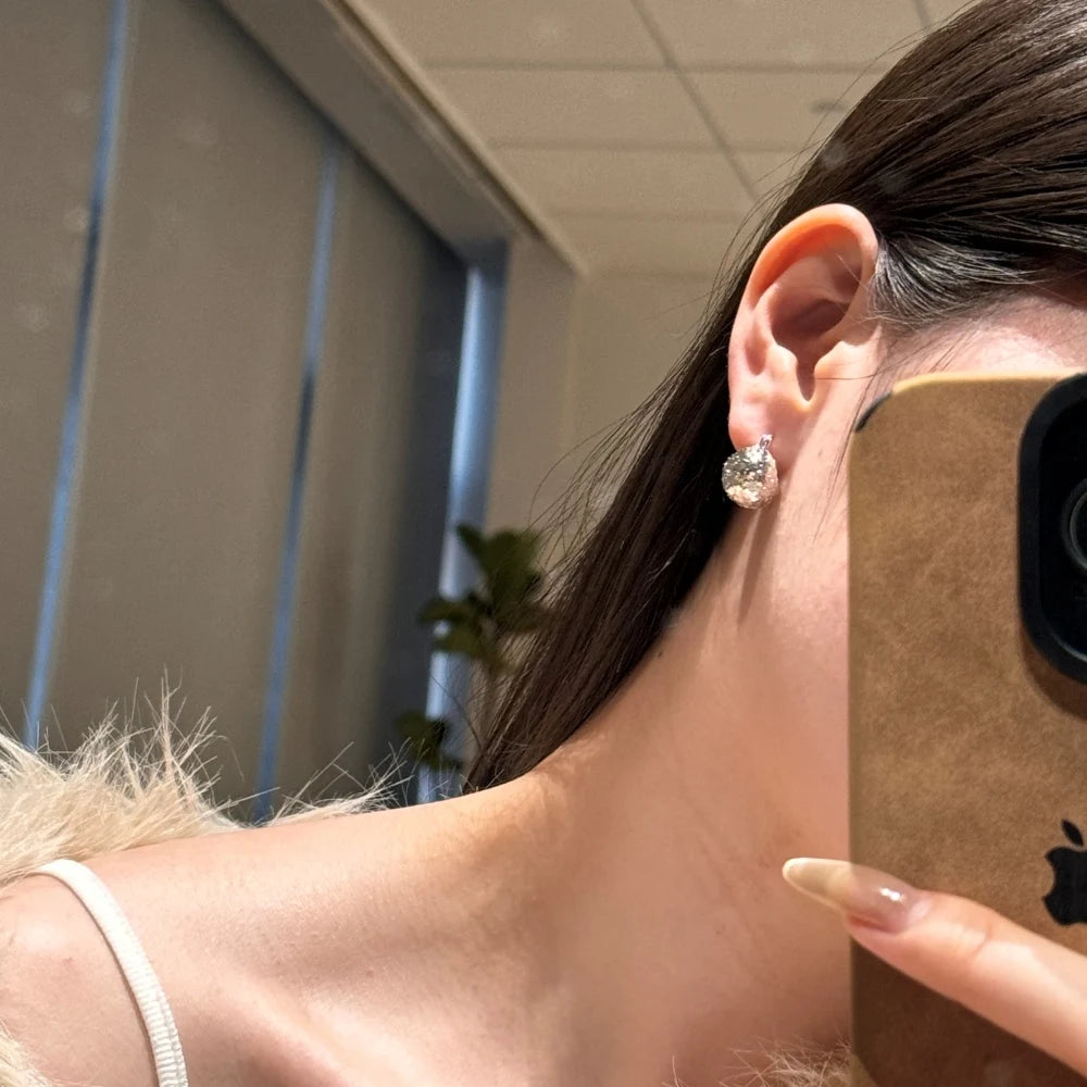 Silver Textured Sphere Huggie Earrings