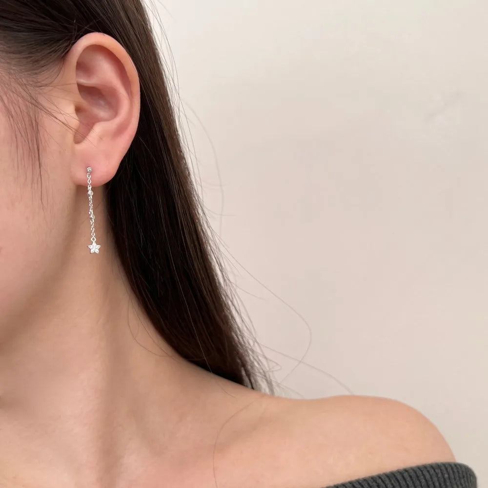 Silver Zircon Round Cut Crescent Star Dangle Drop Earrings