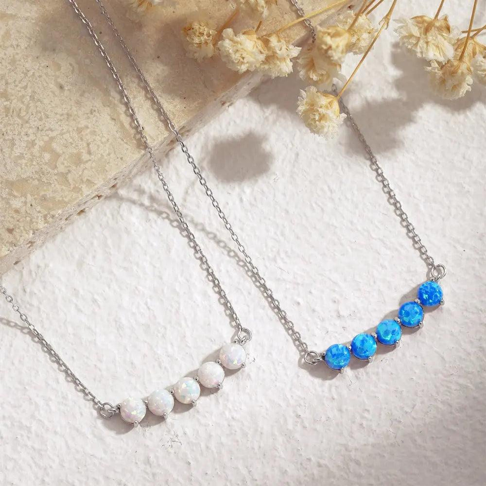 Silver Opal Round Cut Dots Bar Necklace