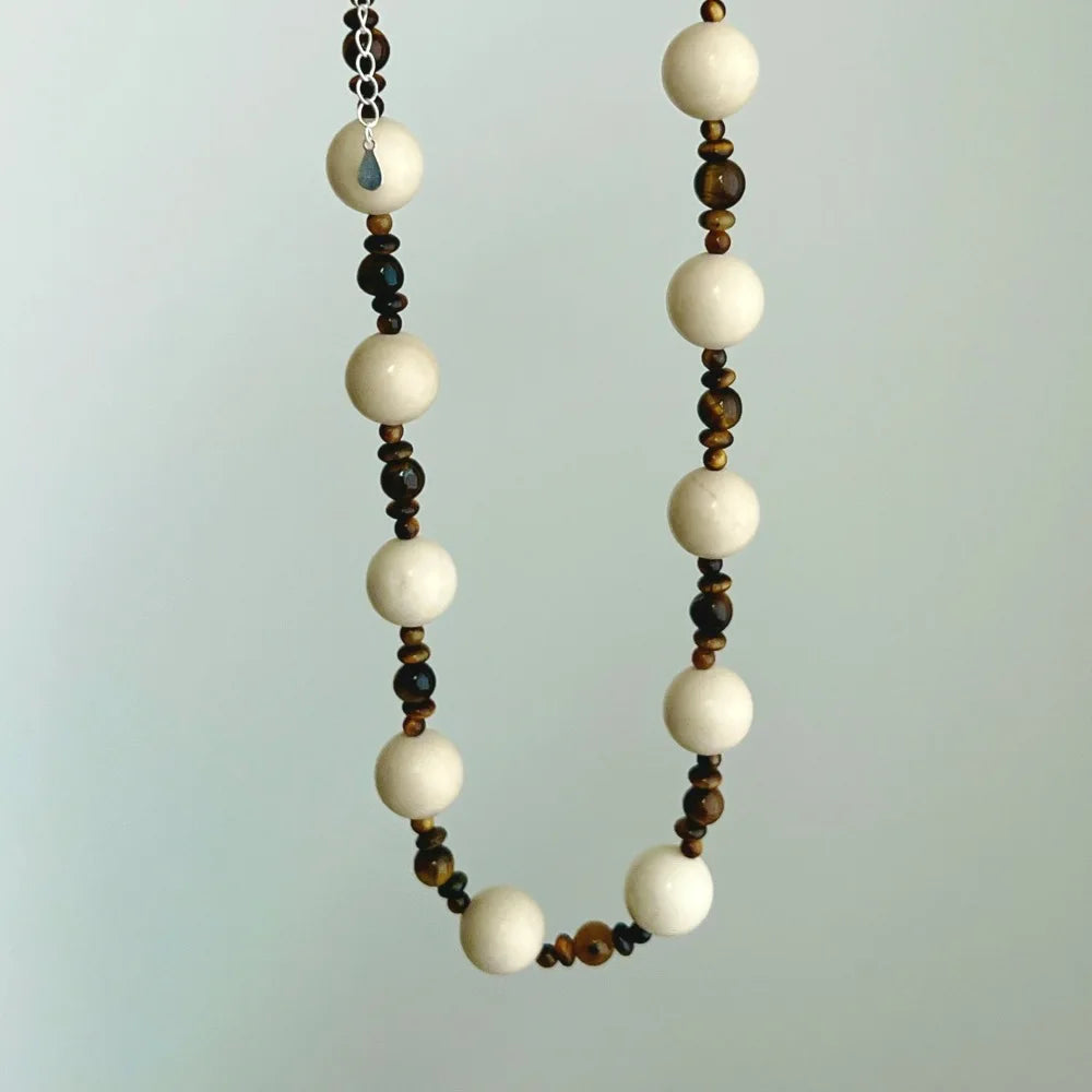 Silver Tiger Eye Round Cut Multi Shape Beaded Necklace