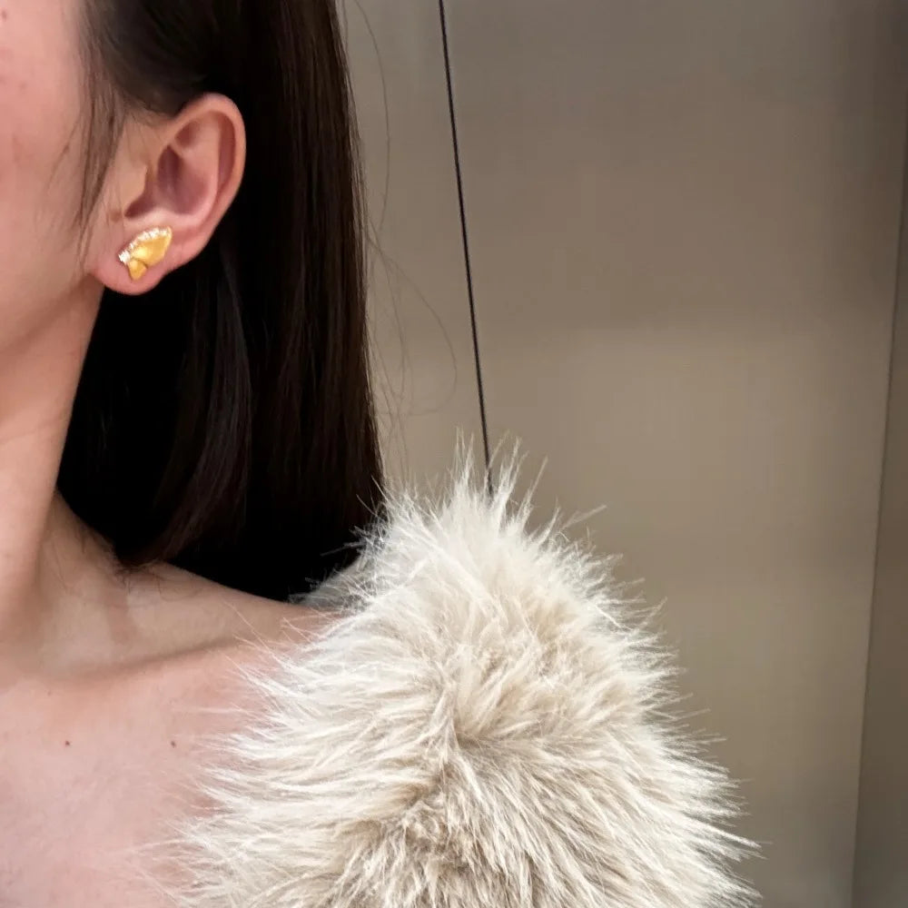 Silver Zircon Round Cut Brushed Inlaid Butterfly Wings Ear Studs