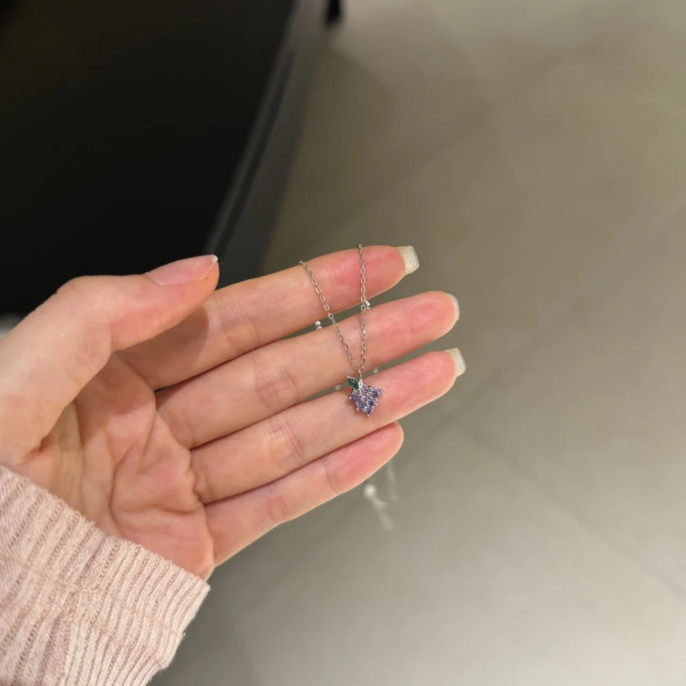 Silver Zircon Round Cut Grape Pendant Necklace