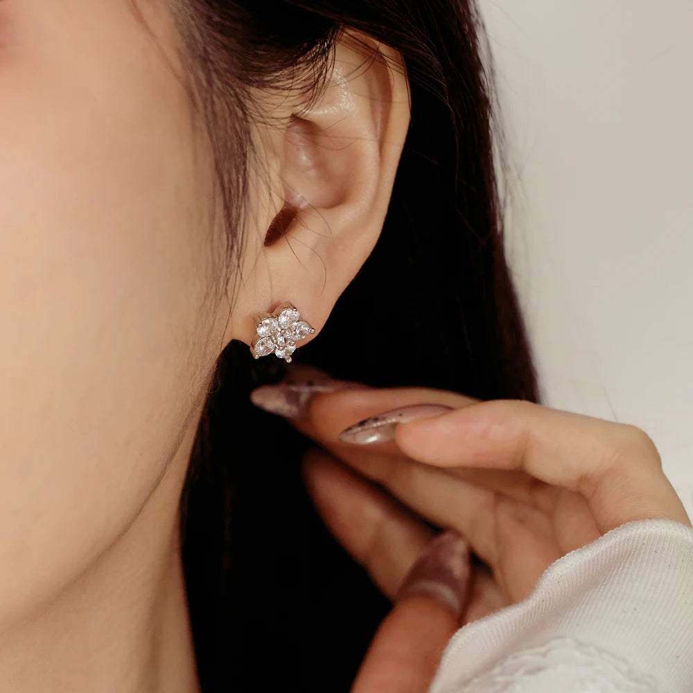 Silver Zircon Round Cut Iced Flower Ear Studs