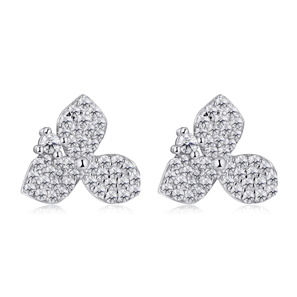 Silver Zircon Round Cut Inlaid Clover Ear Studs