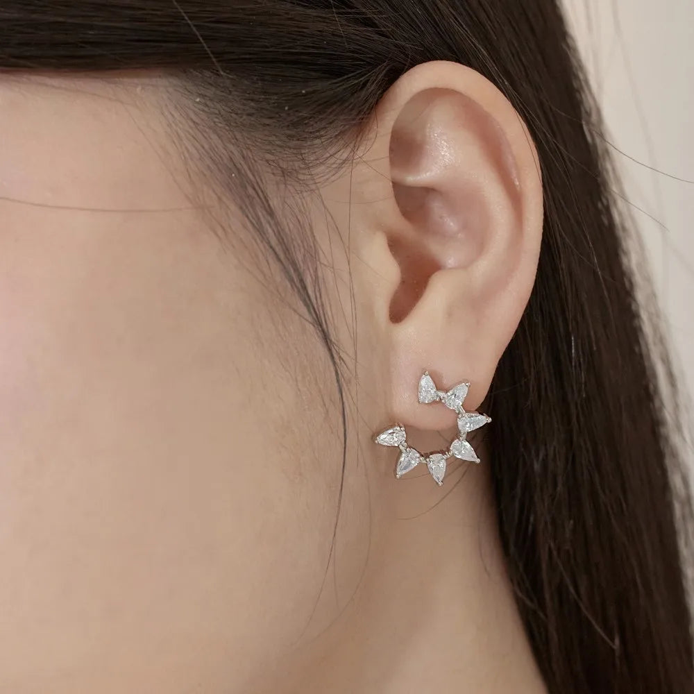 Silver Zircon Pear Cut Inlaid Layered Flower Ear Studs