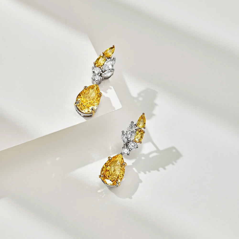 Silver Zircon Pear Cut Leaf Drop Earrings