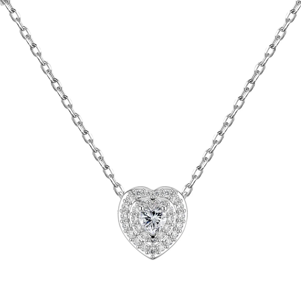 Silver Zircon Heart Cut Iced Heart Pendant Necklace