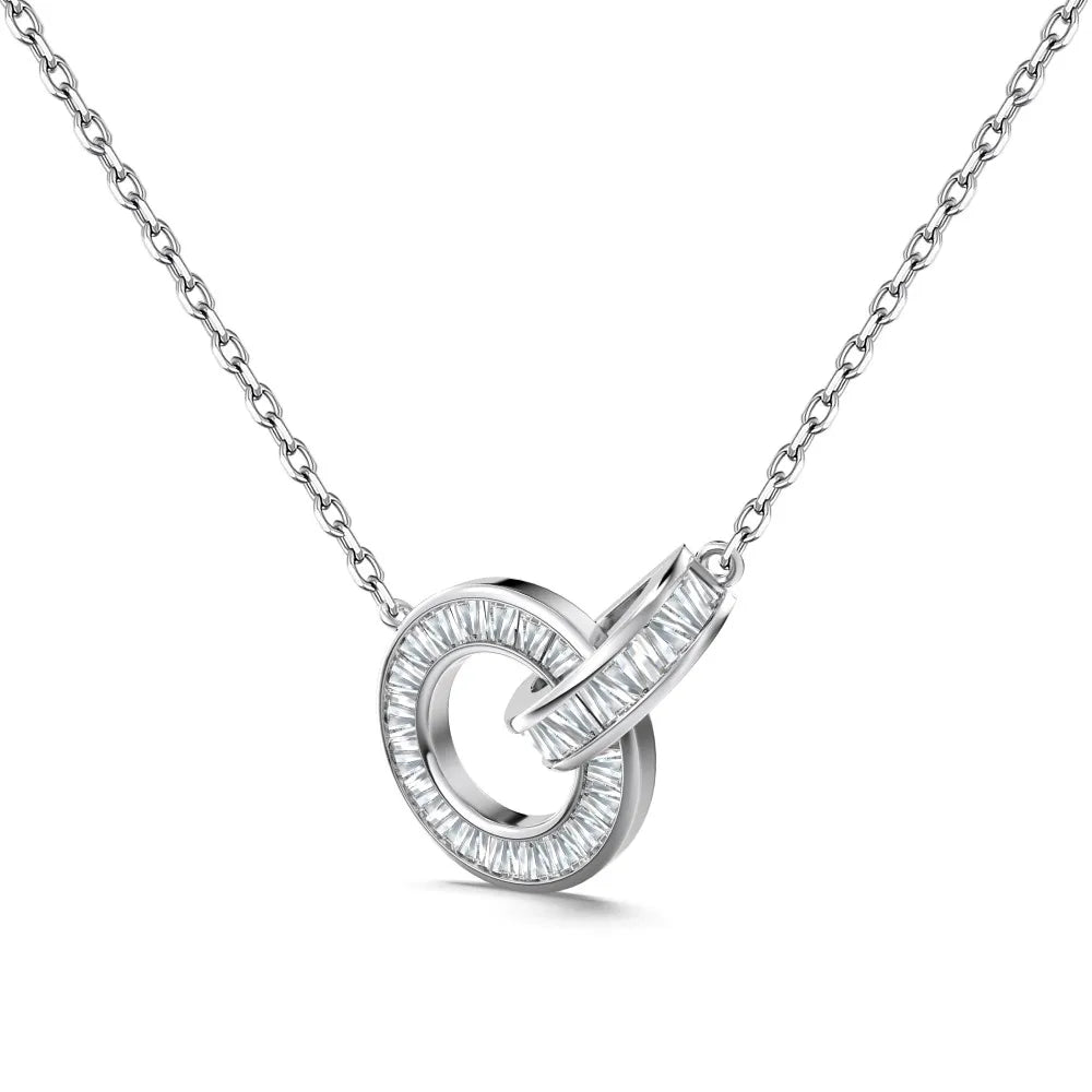 Silver Zircon Tapered Baguette Cut Interlocking Ring Pendant Necklace