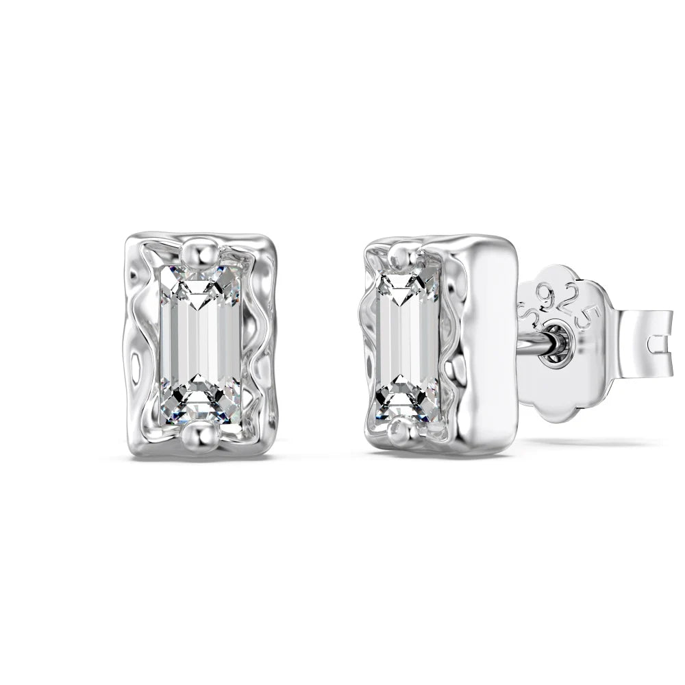 Silver Zircon Baguette Cut Melted Mirror Ear Studs