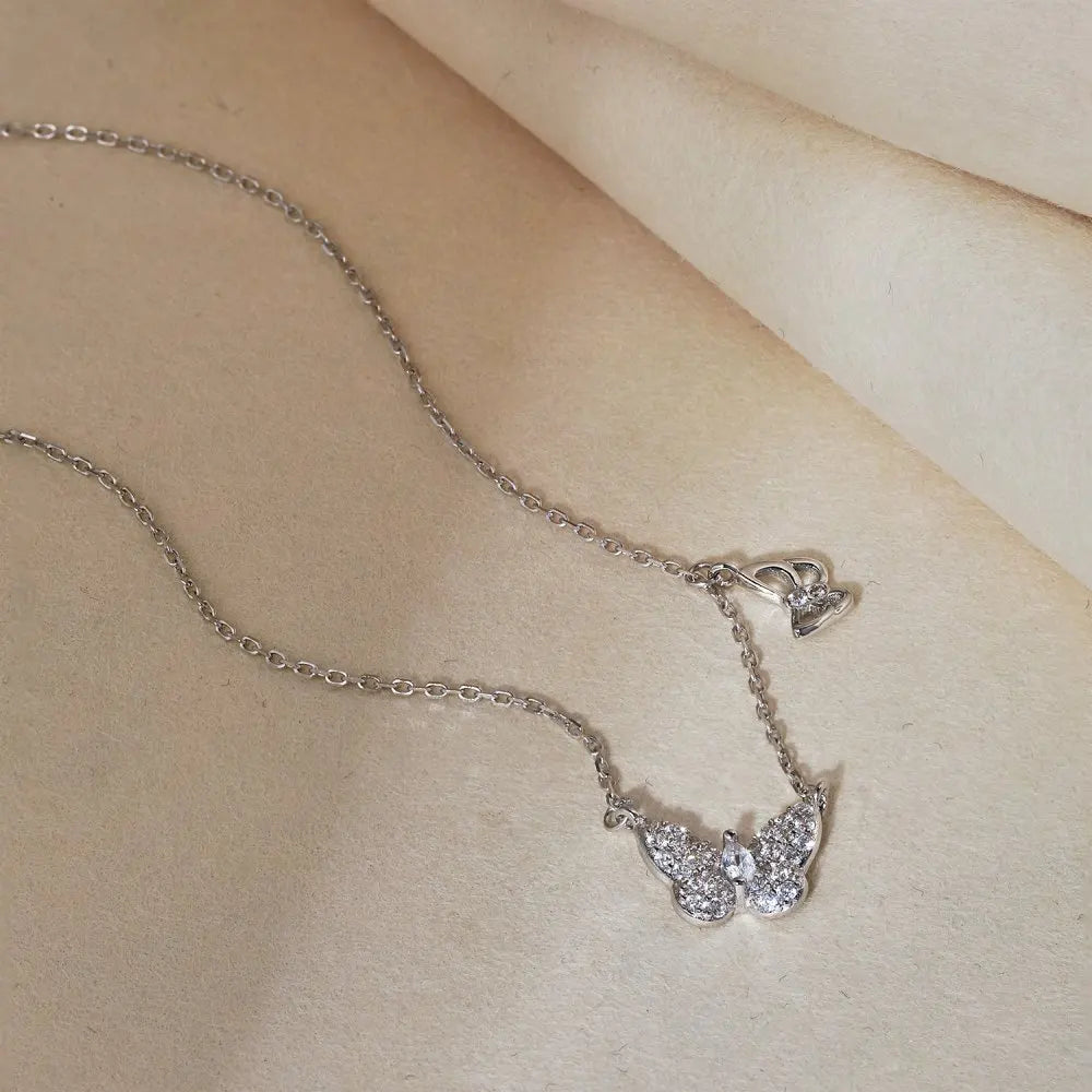 Silver Zircon Marquise Cut Inlaid Butterfly Pendant Necklace