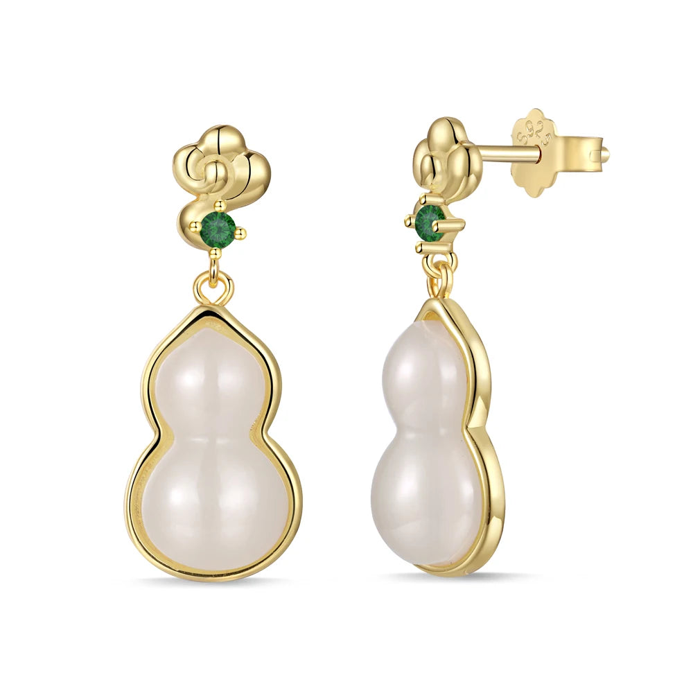 Silver Jade Cut Gourd Drop Earrings