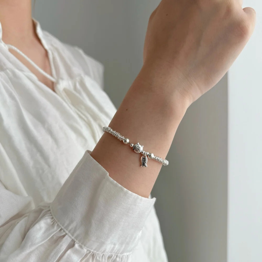 Silver Cat Beaded Bracelet