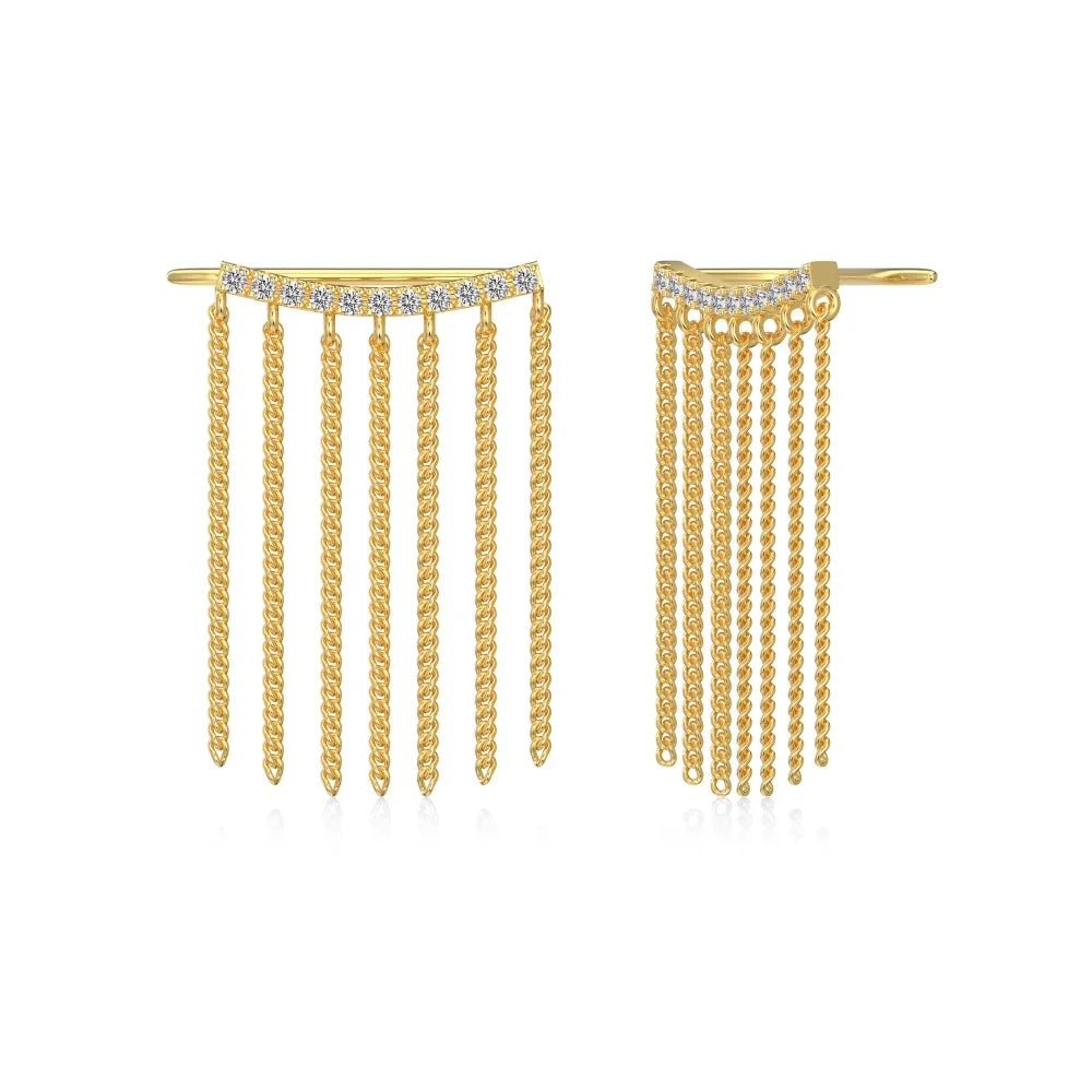 Silver Zircon Round Cut Bar Tassel Drop Earrings