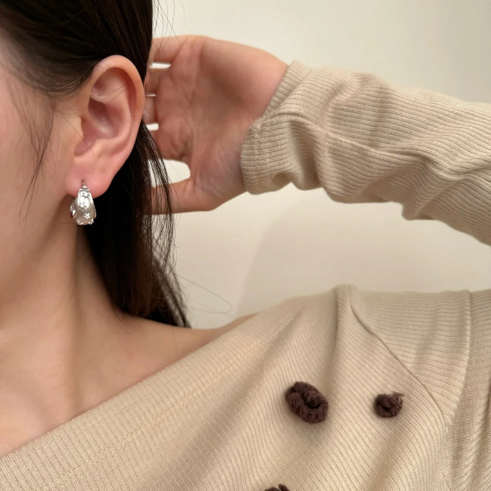 Silver Zircon Round Cut Chunky Inlaid Ear Hoops