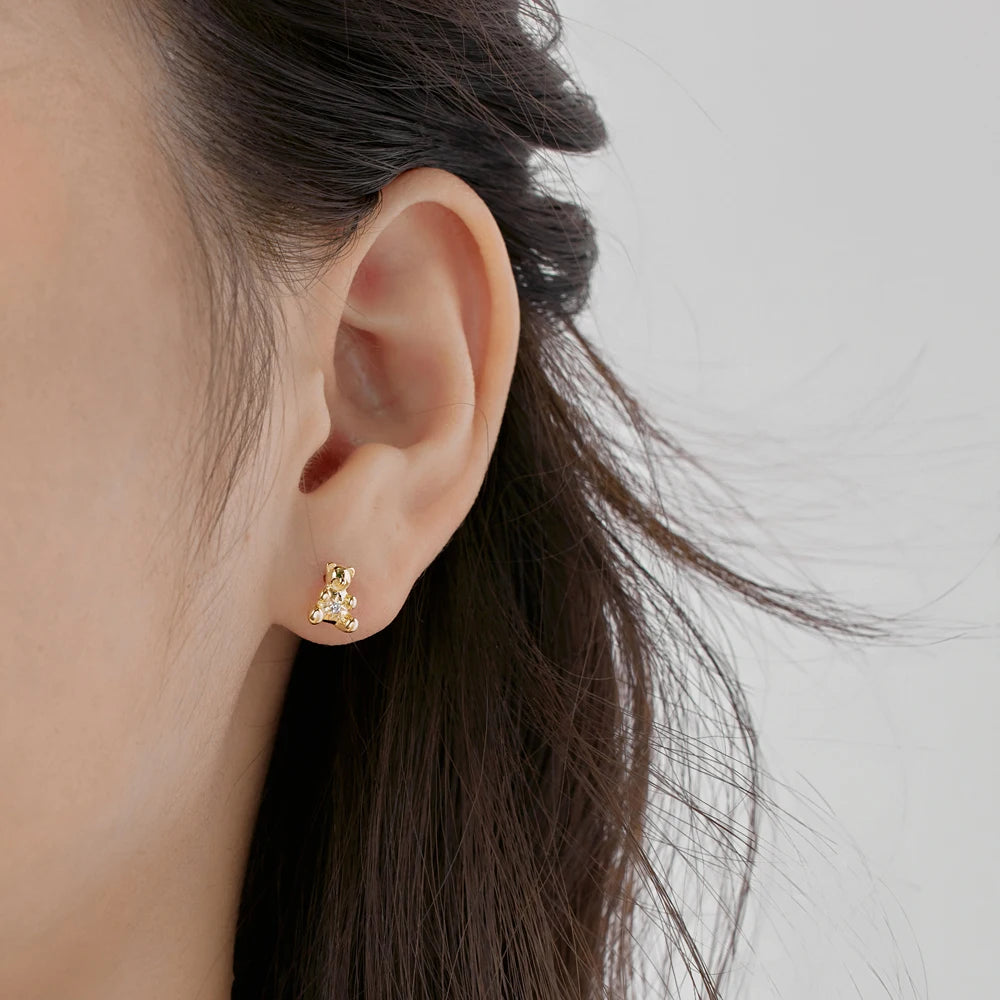 Silver Zircon Round Cut Bear Ear Studs