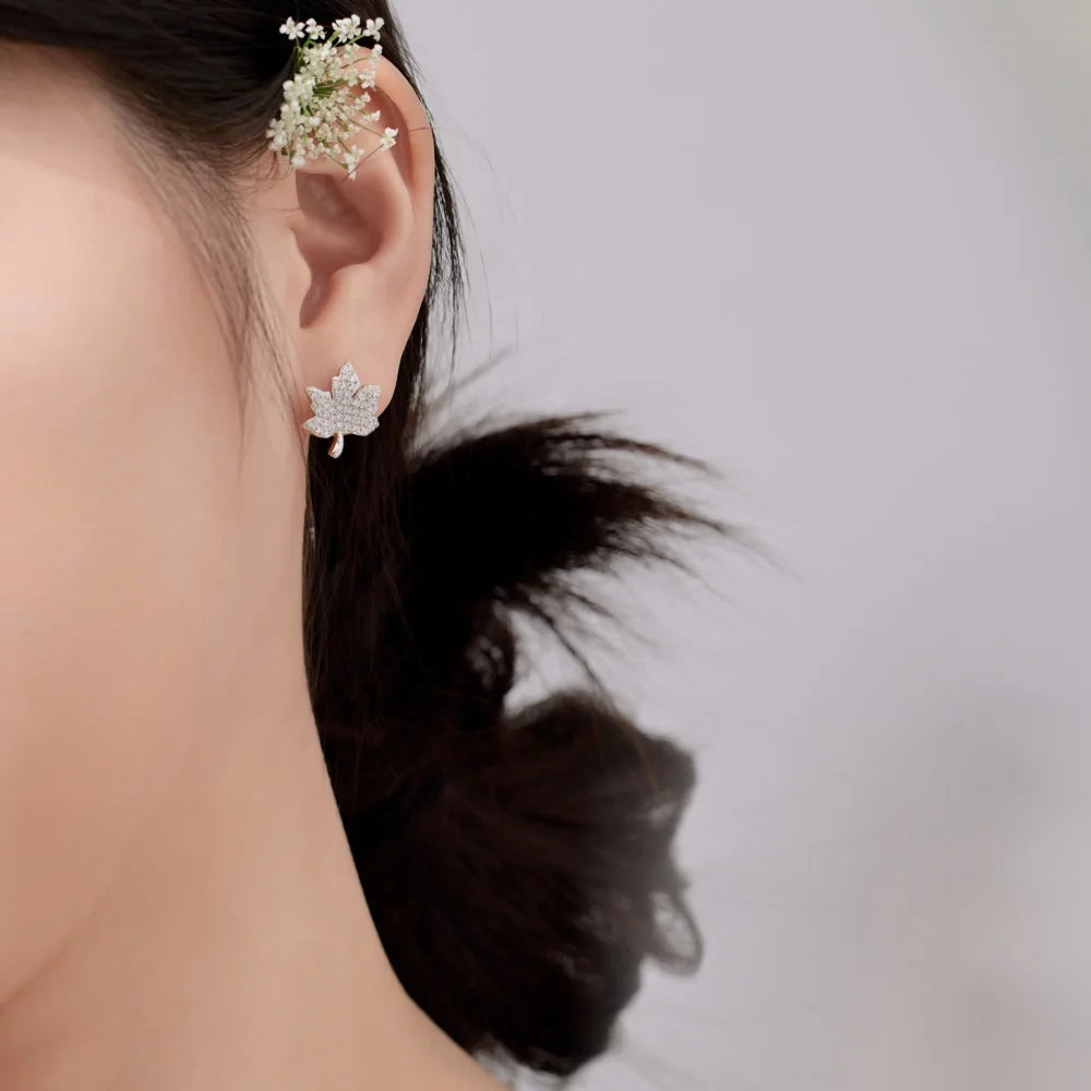 Silver Zircon Round Cut Maple Leaf Ear Studs