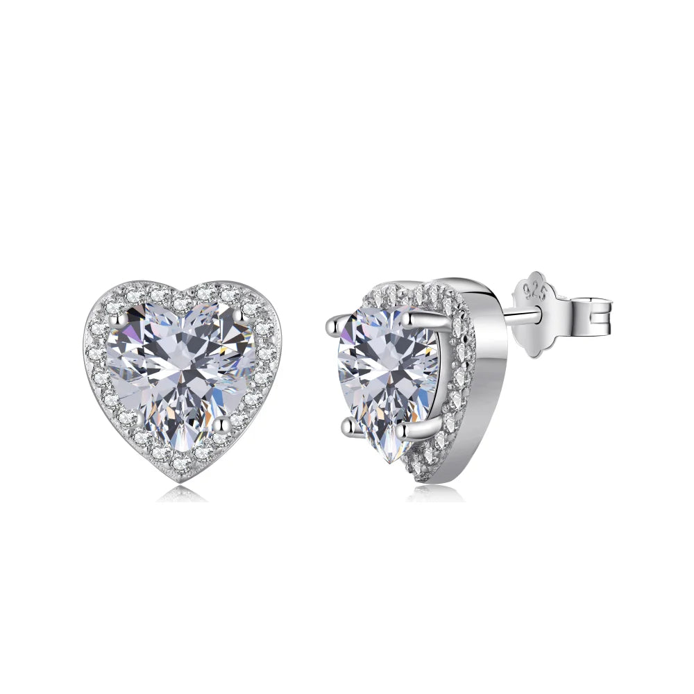 Silver Zircon Heart Cut Big Inlaid Halo Ear Studs