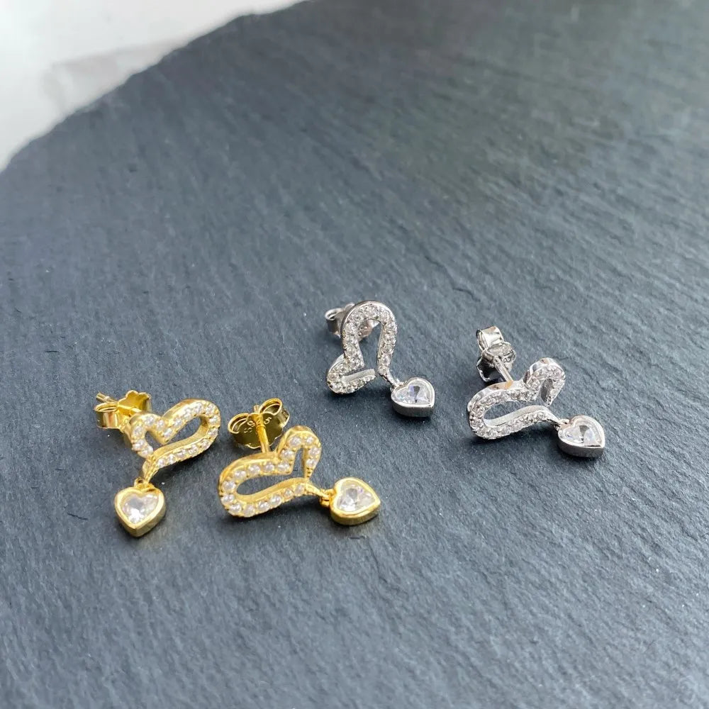 Silver Zircon Heart Cut Inner Inlaid Drop Earrings