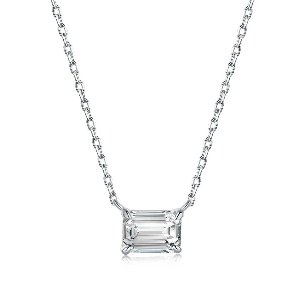 Silver Zircon Emerald Cut Single Pendant Necklace