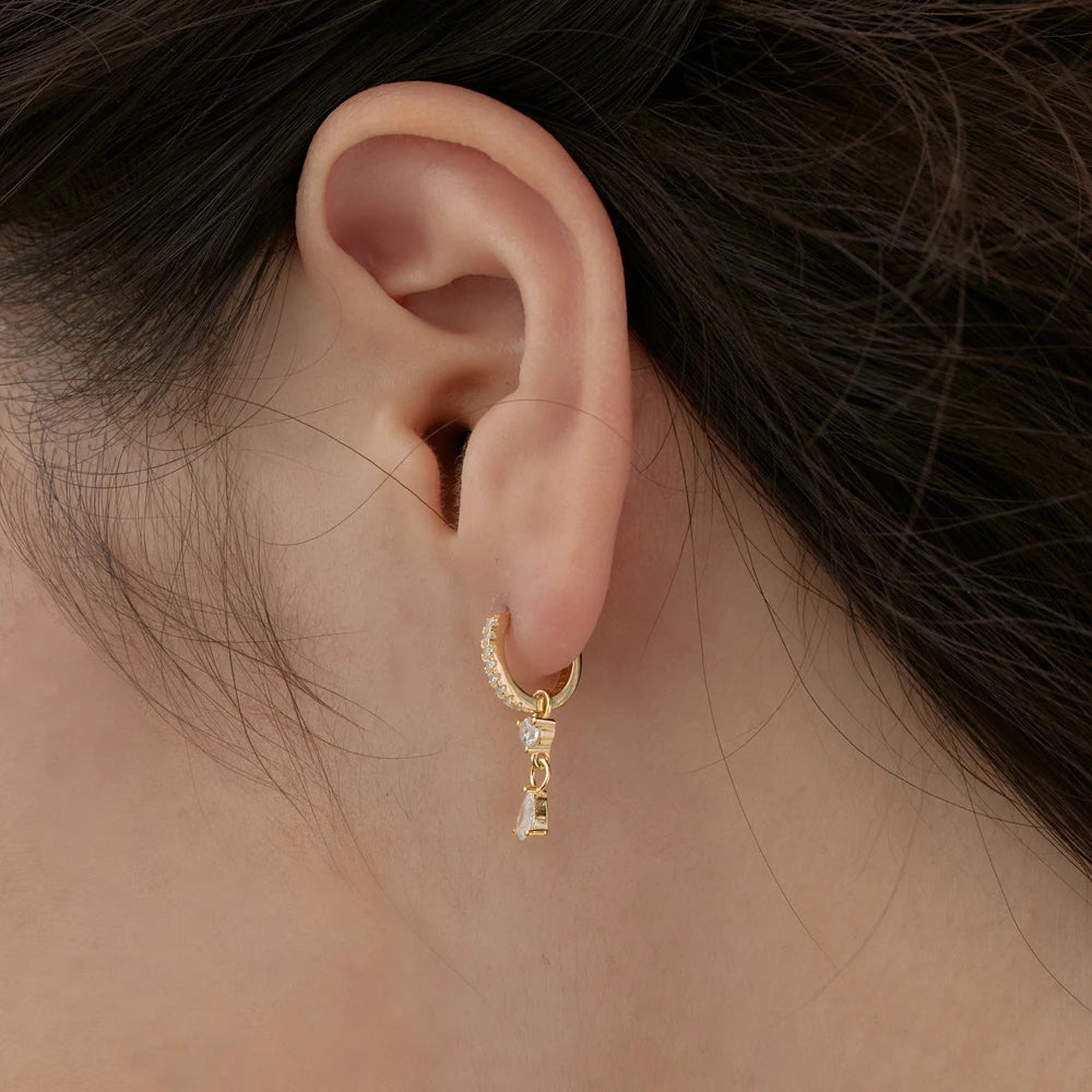 Silver Zircon Pear Cut Iced Water Drop Huggie Earrings