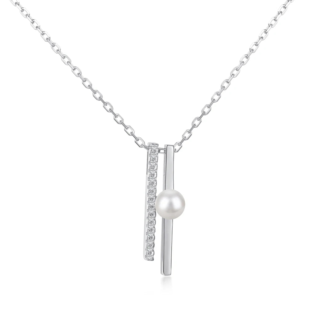 Silver Pearl Double Layer Bar Pendant Necklace