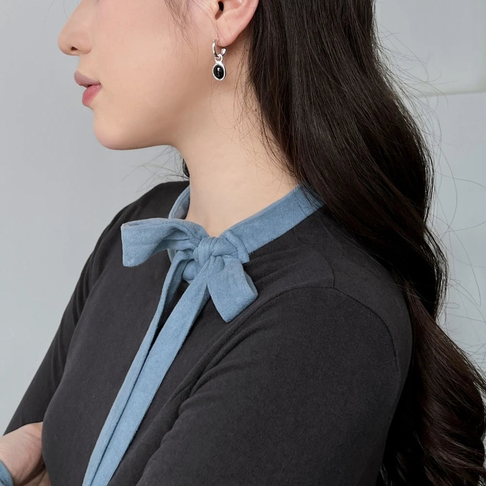 Silver Onyx Oval Cut Dangle Drop Earrings