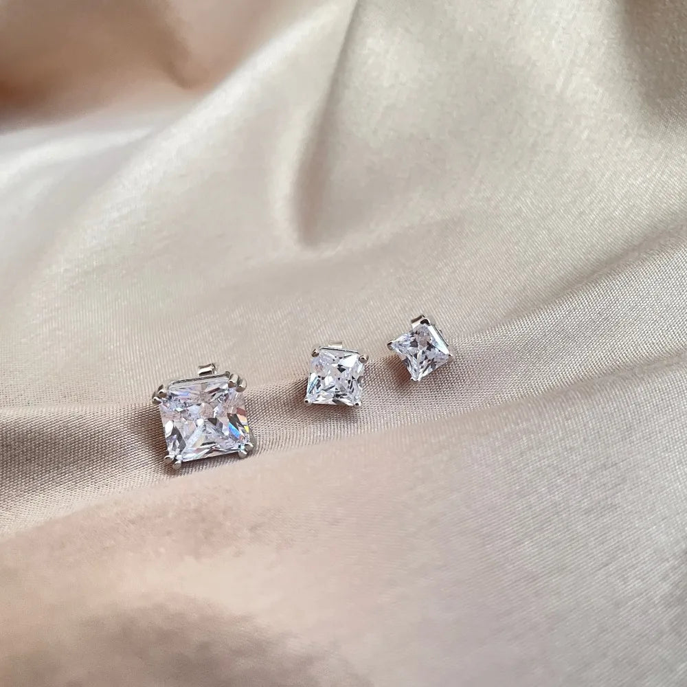 Silver Zircon Princess Cut Cubic Ear Studs