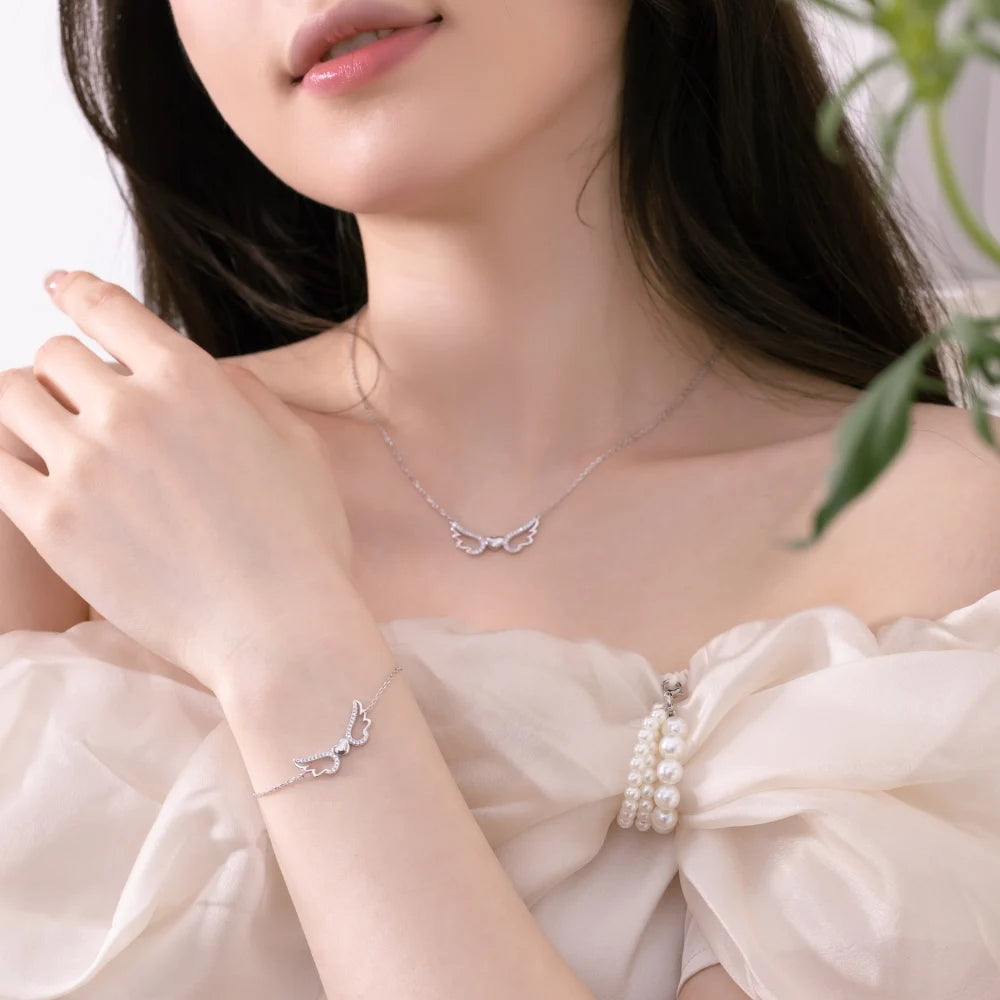 Silver Zircon Round Cut Wings Chain Bracelet
