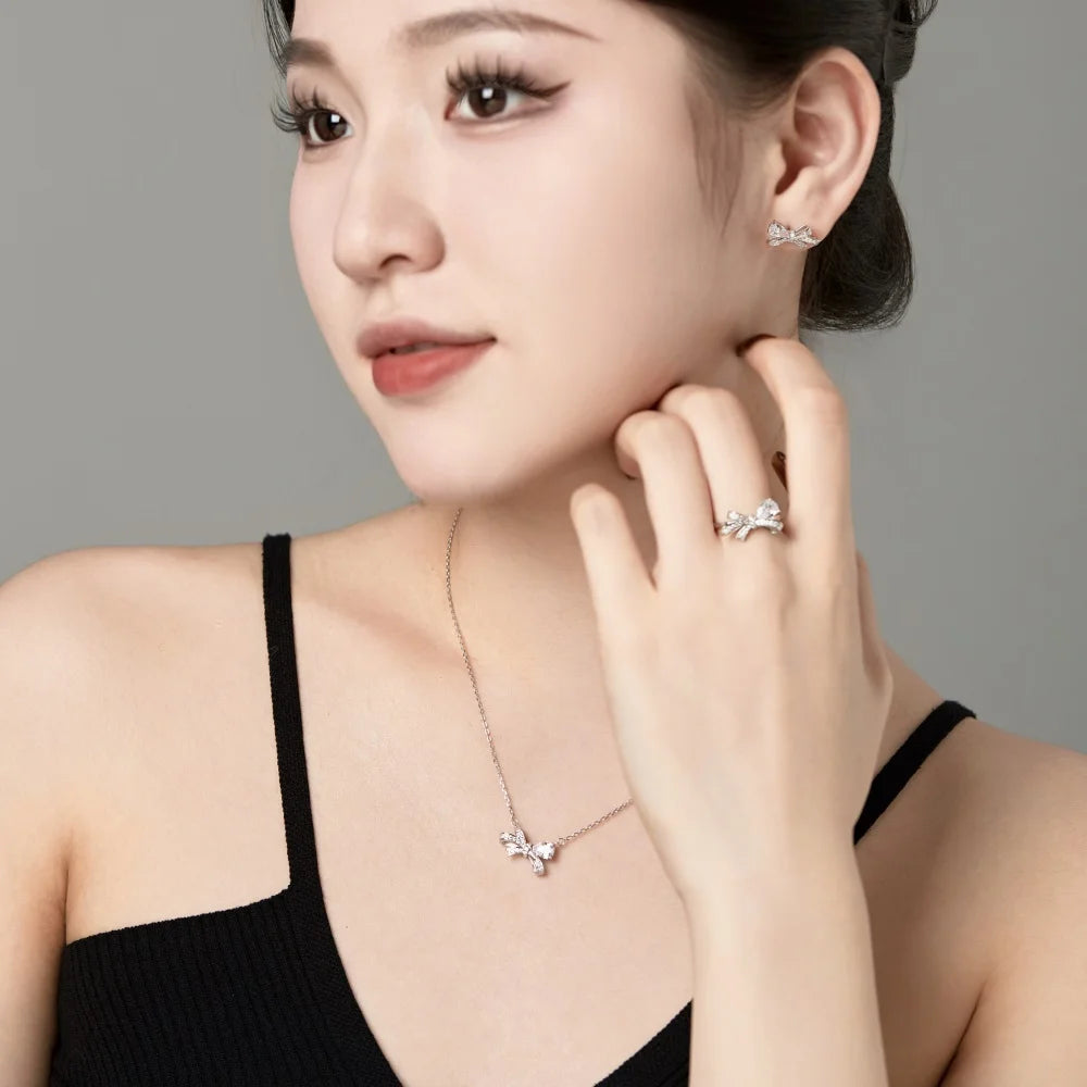 Silver Zircon Heart Cut Bow Knot Jewelry Set