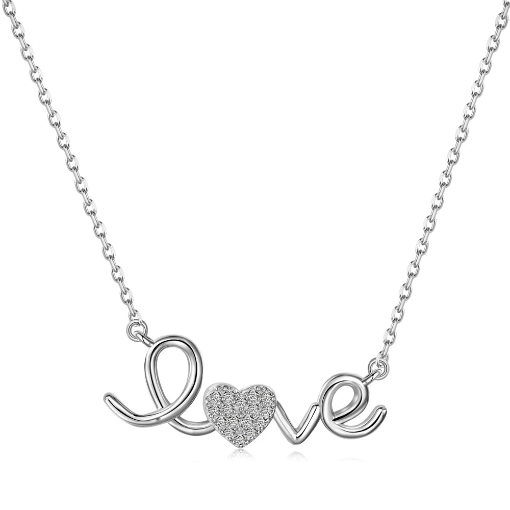 Silver Zircon Round Cut Love Bar Necklace