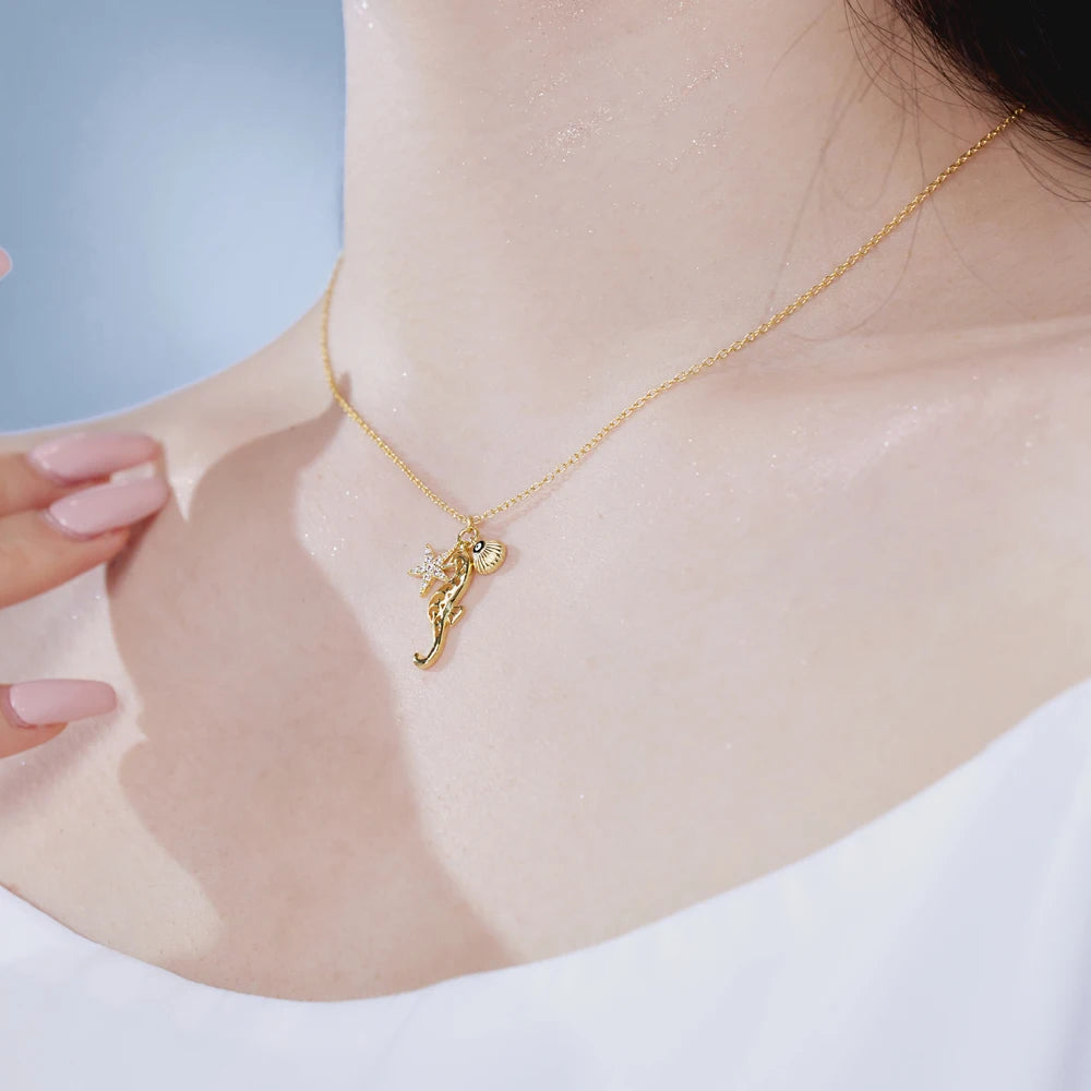 Silver Zircon Round Cut Seahorse Pendant Necklace