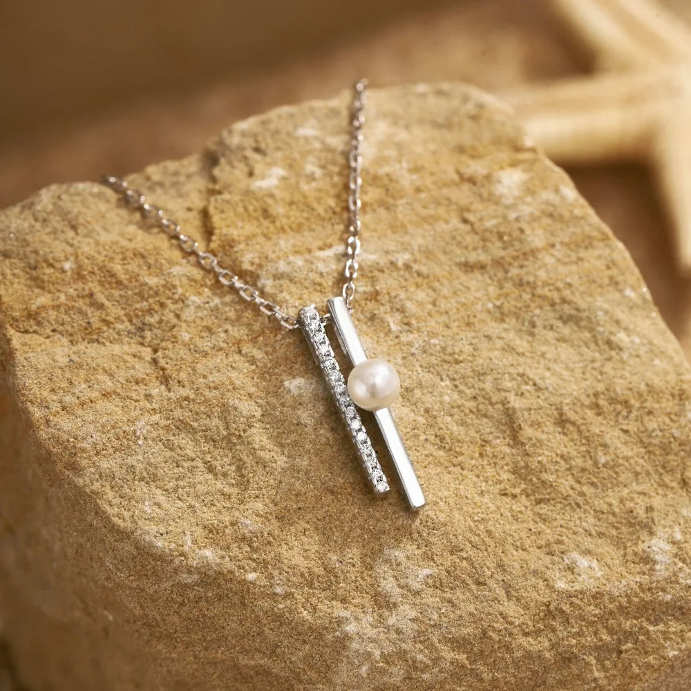 Silver Pearl Double Layer Bar Pendant Necklace
