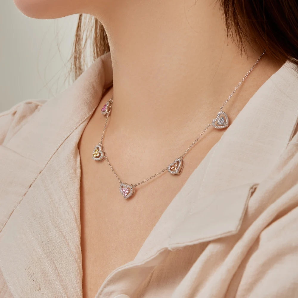 Silver Zircon Round Cut Heart Chain Necklace