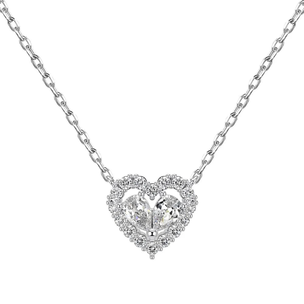 Silver Zircon Pear Cut Halo Heart Pendant Necklace
