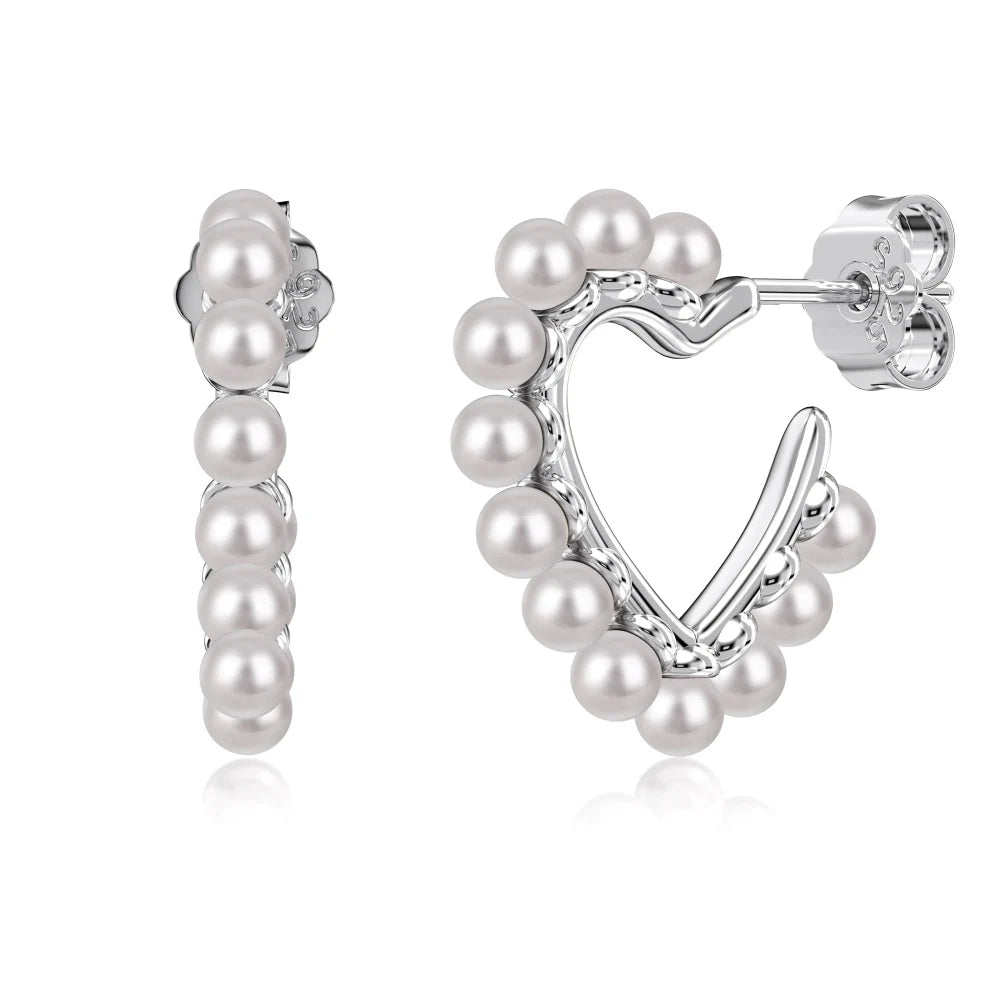 Silver Pearl Heart Hook Ear Hoops