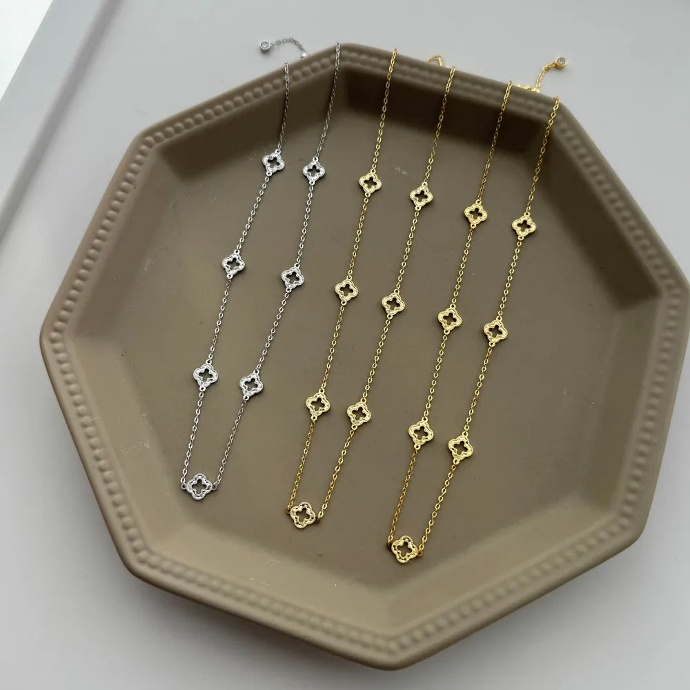 Silver Hollow Layered Clover Chain Necklace
