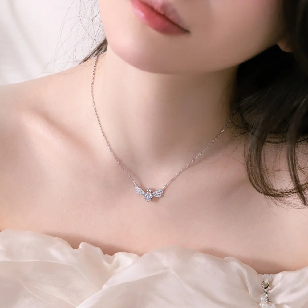 Silver Zircon Heart Cut Crown Wings Bar Necklace