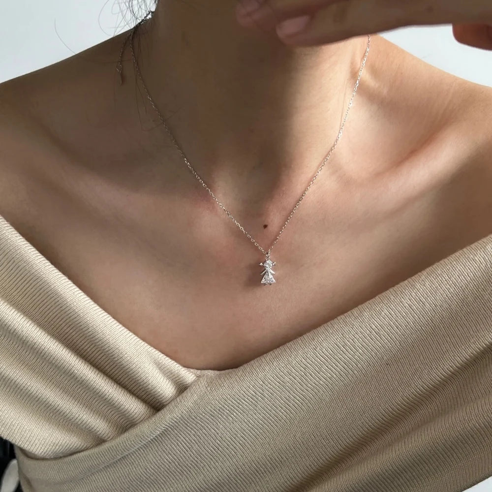 Silver Zircon Triangle Cut Girl Pendant Necklace