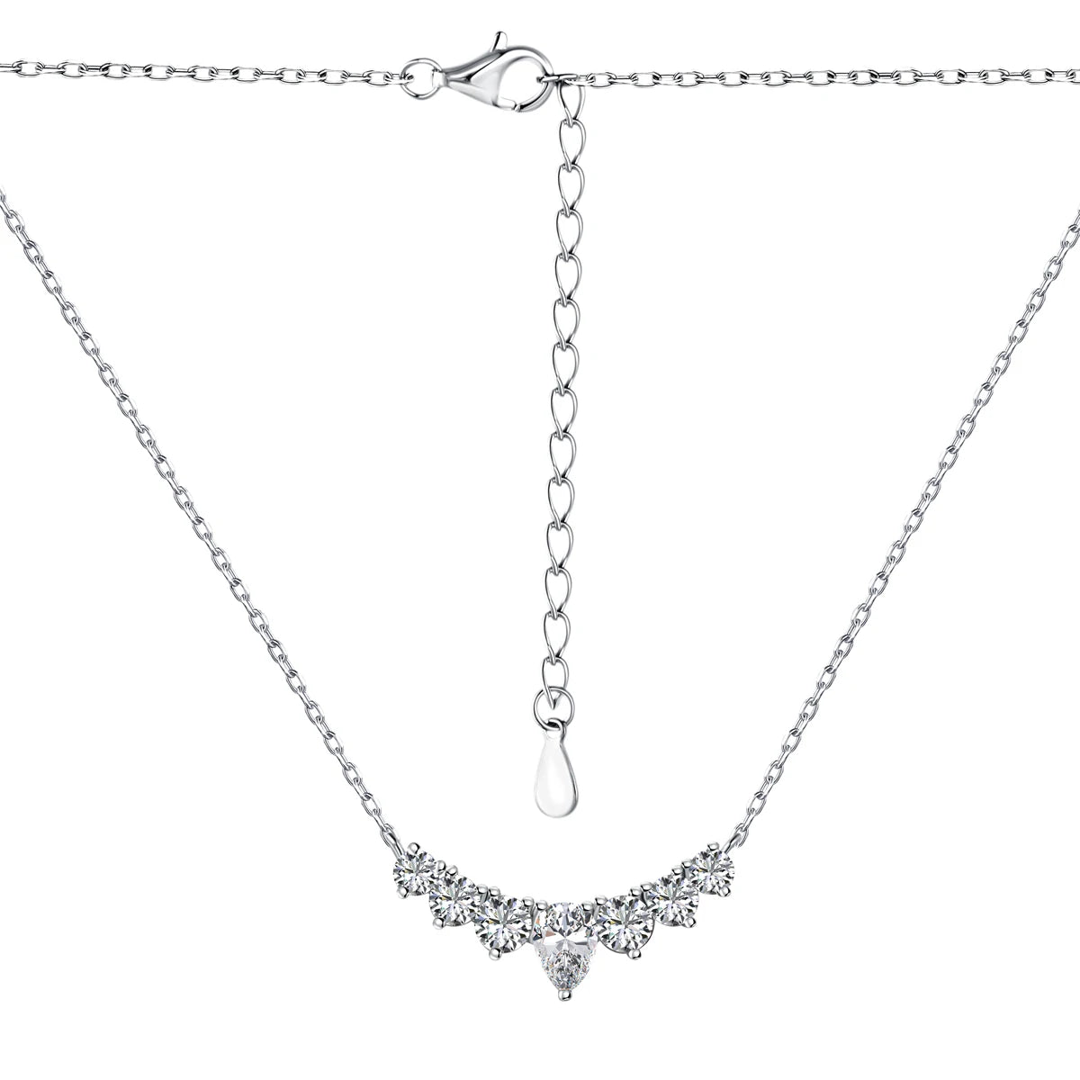 Silver Zircon Pear Cut Crescent Bar Necklace