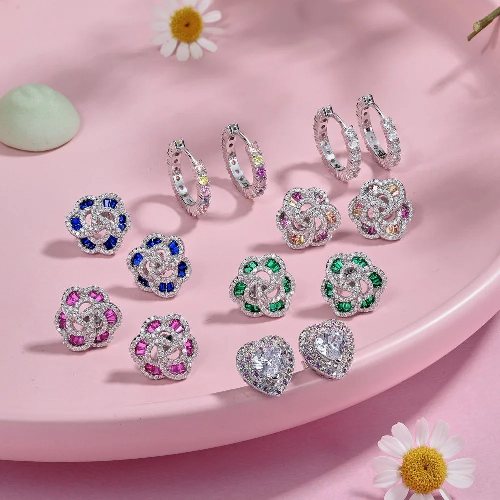 Silver Zircon Round Cut Inlaid Ear Hoops