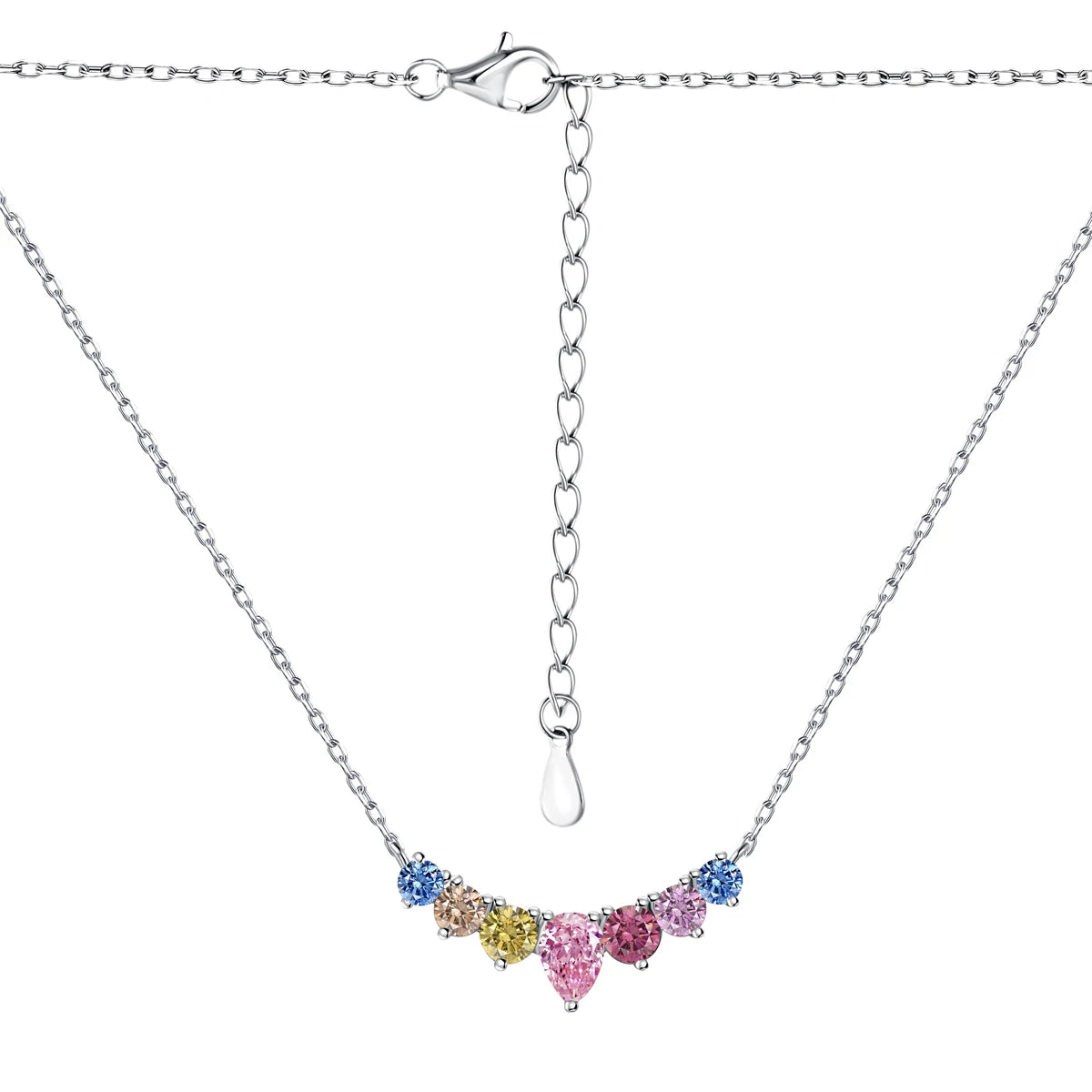 Silver Zircon Pear Cut Crescent Bar Necklace