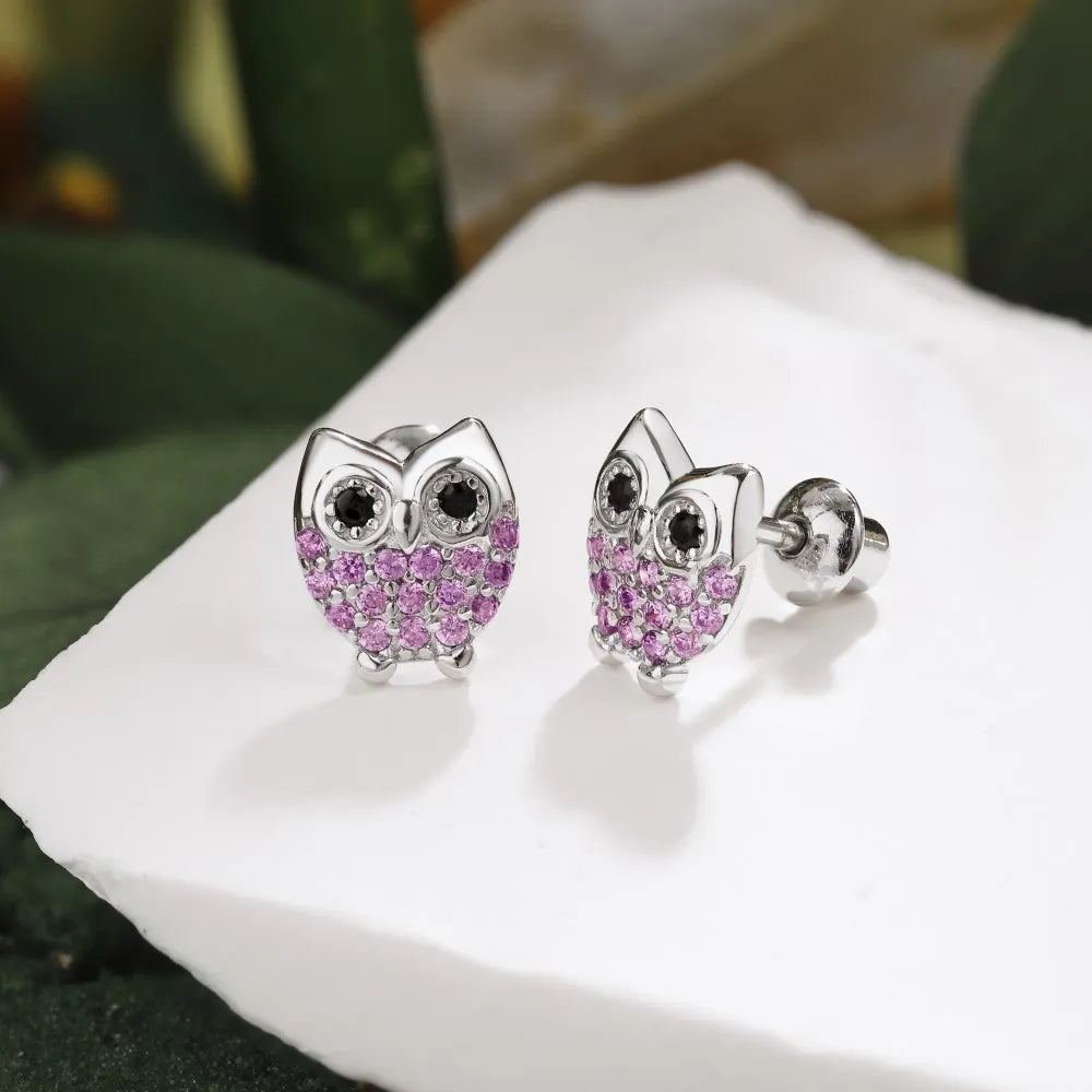 Silver Zircon Round Cut Owl Ear Studs