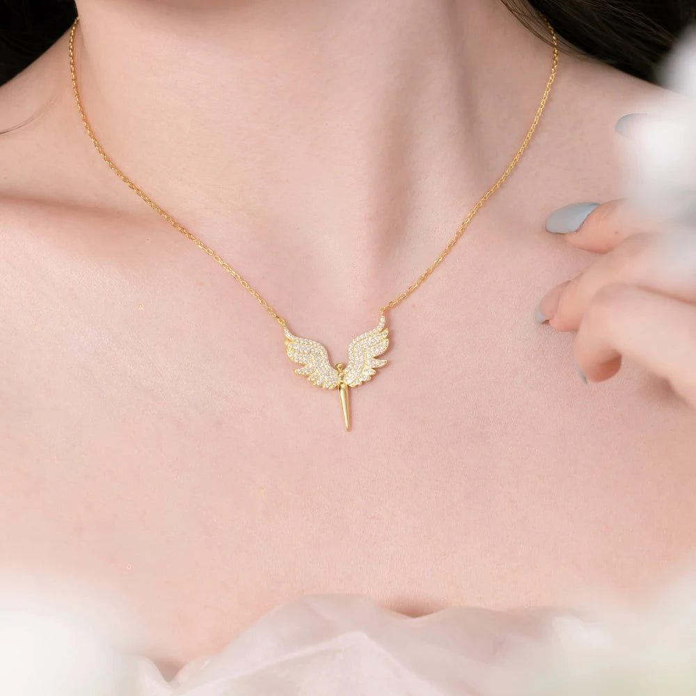 Silver Zircon Round Cut Sword & Wings Pendant Necklace