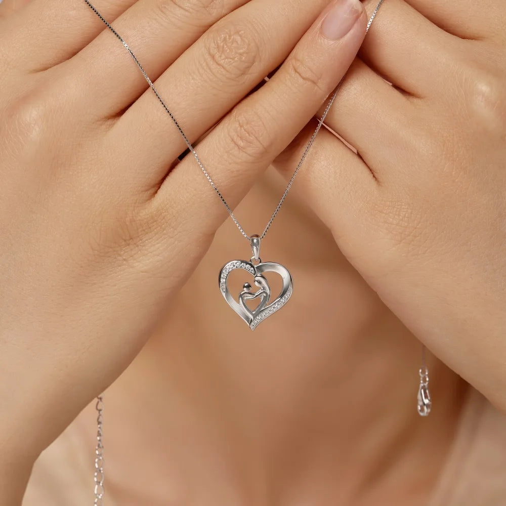 Silver Zircon Round Cut Mother And Child Heart Pendant Necklace