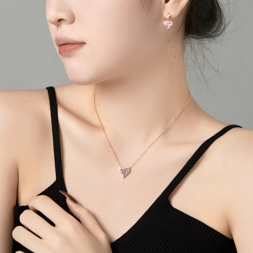 Silver Zircon Princess Cut Halo Heart Pendant Necklace