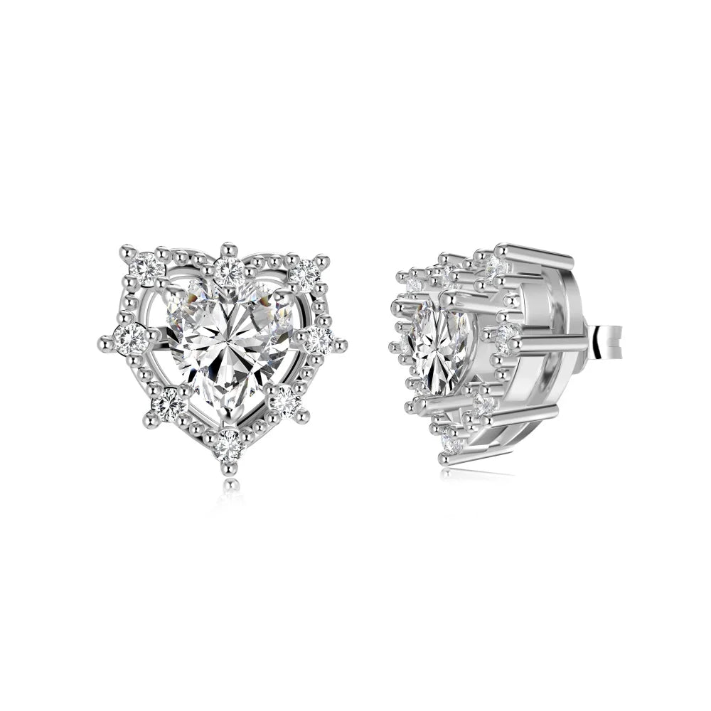 Silver Zircon Heart Cut Halo Multi Layer Ear Studs