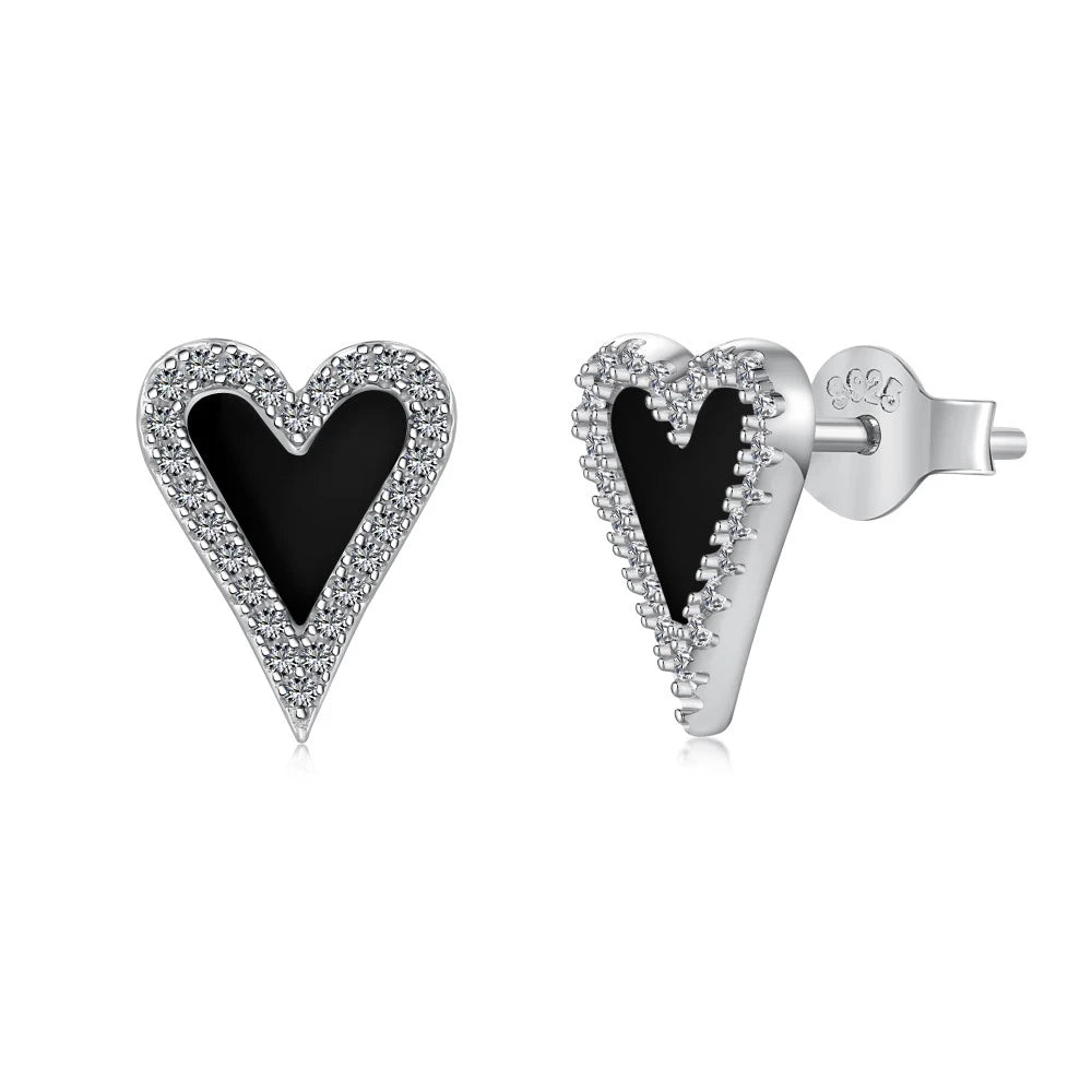 Silver Onyx Heart Cut Halo Ear Studs